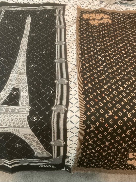 CHANEL Tops - CHANEL Black and White Eiffel Tower Silk-Feel Scarf and LOUIS VUITTON Brown